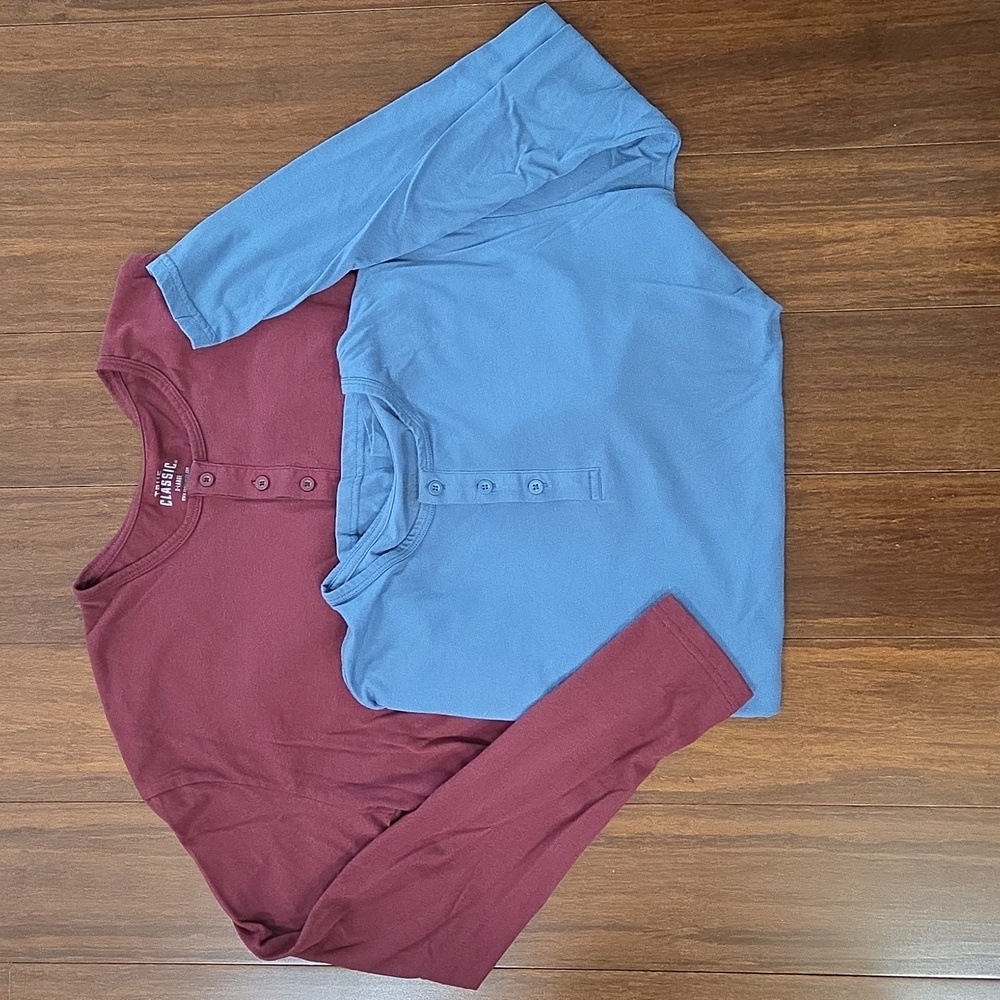 2 MEN'S TRUE CLASSIC LONG SLEEVE SHIRT BURGUNDY & LIGHT BLUE 3 BUTTONS XL